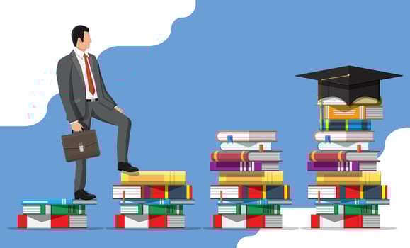 Businessman on stack of books. Business man with briefcase. Education and study. Business success, triumph, goal or achievement. Winning of competition. Vector illustration flat style