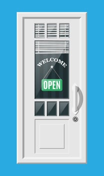 Wooden cottage door with windows and window blind. Closed door with chrome handle and open sign, welcome word. Concpet of invitation to enter or new opportunity. Flat vector illustration