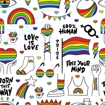 LGBTQ seamless pattern with flag, hands, hearts, star, rainbow, phrases. vector