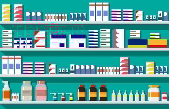 Modern interior of pharmacy. Medicine pills capsules bottles vitamins and tablets. Drugstore showcase. Shelves with medicines. Medical drug, vitamin, antibiotic healthcare. Flat vector illustration