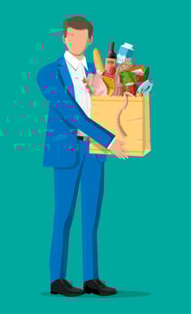 Man with shopping bag full of fresh products. Grocery store supermarket. Food and drinks. Milk, vegetables, meat, chicken cheese, sausages, salad, bread cereal steak egg. Flat vector illustration