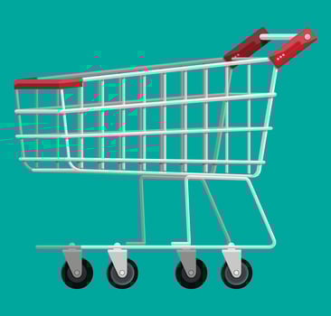 Empty supermarket shopping cart isolated on white background. Metal shop trolley on wheels. Vector illustration in flat style