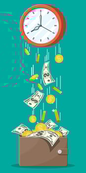 Leather money wallet, coins banknotes falling from clocks. Saving dollar coin in purse. Growth, income, savings, investment. Banking, time is money. Wealth, business success. Flat vector illustration