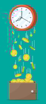 Leather money wallet, gold coins falling from clocks. Saving dollar coin in moneybox. Growth, income, savings, investment. Banking, time is money. Wealth, business success. Flat vector illustration