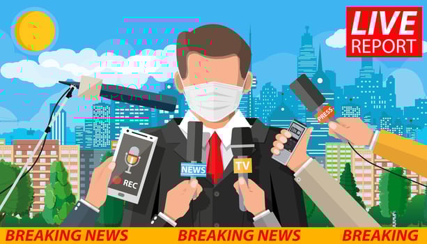 TV news anchorman in mask reads world news about covid-19 coronavirus ncov. Main news reader on television program. Media, journalism and press. Flat vector illustration