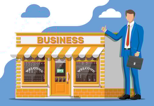 Shop building or commercial property, businessman with briefcase. Real estate business promotional, startup. Selling buying new business. Small european style shop exterior. Flat vector illustration
