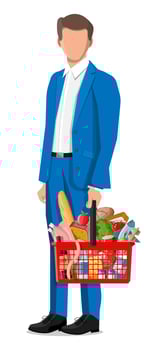 Man with shopping basket with fresh products. Grocery store supermarket. Food and drinks. Milk, vegetables, meat, chicken cheese, sausages, salad, bread cereal steak egg. Flat vector illustration