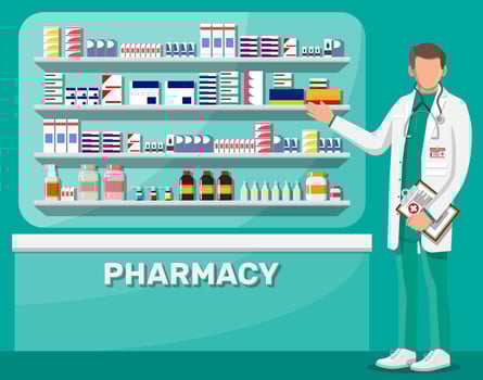 Modern interior of pharmacy and male pharmacist. Medicine pills capsules bottles vitamins and tablets. Drugstore showcase. Shelves with medicines. Medical drug, healthcare. Flat vector illustration