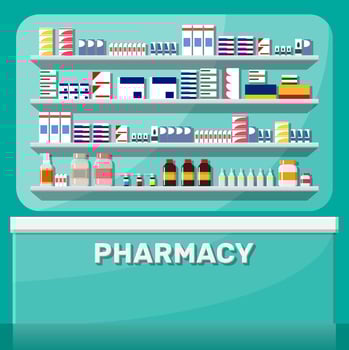 Modern interior of pharmacy. Medicine pills capsules bottles vitamins and tablets. Drugstore showcase. Shelves with medicines. Medical drug, vitamin, antibiotic healthcare. Flat vector illustration