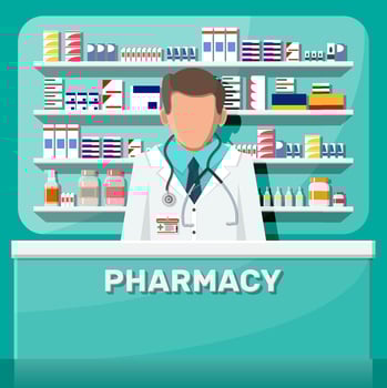 Modern interior of pharmacy and male pharmacist. Medicine pills capsules bottles vitamins and tablets. Drugstore showcase. Shelves with medicines. Medical drug, healthcare. Flat vector illustration