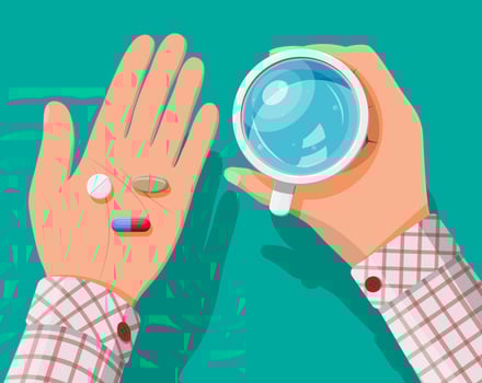 Glass of water in hand, pills, capsules for illness and pain treatment. Taking medication concept. Medical drug, vitamin, antibiotic. Healthcare and pharmacy. Vector illustration in flat style