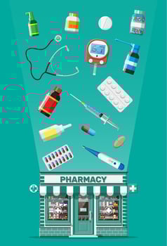 Medicine collection in drugstore. Set of bottles, tablets, pills, capsules sprays for illness and pain treatment. Medical drug, vitamin, antibiotic. Healthcare and pharmacy. Flat vector illustration