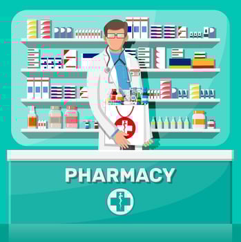 Modern interior of pharmacy and male pharmacist. Medicine pills capsules bottles vitamins and tablets. Drugstore showcase. Shelves with medicines. Medical drug, healthcare. Flat vector illustration