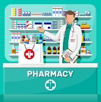 Modern interior of pharmacy and male pharmacist. Medicine pills capsules bottles vitamins and tablets. Drugstore showcase. Shelves with medicines. Medical drug, healthcare. Flat vector illustration