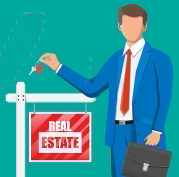 Businessman or realtor holding key. Wooden placard with real estate sign. Mortgage, property and investment. Buy sell or rent realty. Flat vector illustration