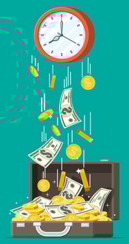Leather briefcase, coins banknotes falling from clocks. Saving dollar coin in purse. Growth, income, savings, investment. Banking, time is money. Wealth, business success. Flat vector illustration