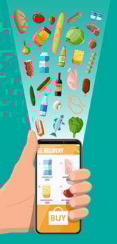 hand with smartphone with shopping app. Grocery store delivery. Internet order. Online supermaket. Shopping mall, food and drinks. Milk, vegetables, meat, cheese. Flat vector illustration