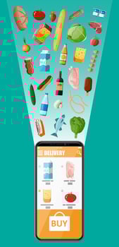 Smartphone with shopping app. Grocery store delivery. Internet order. Online supermaket. Shopping mall, food and drinks. Milk, vegetables, meat, cheese. Flat vector illustration