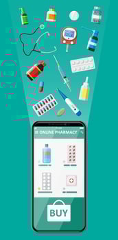 Mobile phone with internet pharmacy shopping app. Set of pills drugs. Medical assistance, help, support online. Health care application on smartphone. Vector illustration in flat style