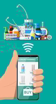 Hand holding mobile phone with internet pharmacy shopping app. Set of pills drugs. Medical assistance, help, support online. Health care application on smartphone. Vector illustration in flat style