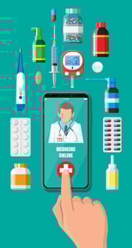 Mobile phone with internet pharmacy shopping app. Pills and bottles, medicine online. Medical assistance, help, support online. Health care application on smartphone. Vector illustration in flat style