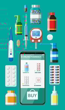 Mobile phone with internet pharmacy shopping app. Set of pills drugs. Medical assistance, help, support online. Health care application on smartphone. Vector illustration in flat style