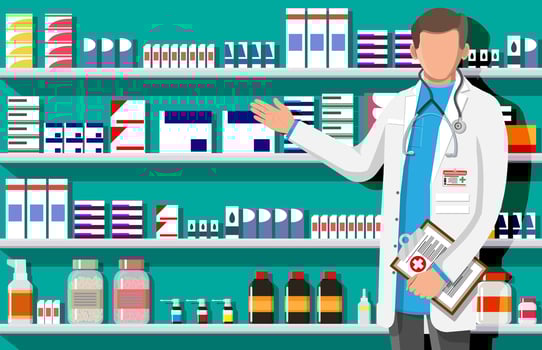 Modern interior of pharmacy and male pharmacist. Medicine pills capsules bottles vitamins and tablets. Drugstore showcase. Shelves with medicines. Medical drug, healthcare. Flat vector illustration