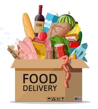 Cardboard box with fresh products. Delivery concept. Grocery store, supermarket. Food and drinks. Milk, vegetables, meat, salad, bread cereal steak egg. Vector illustration flat style