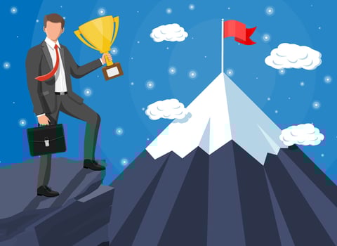 Businessman standing on top of mountain with flag and trophy. Symbol of victory, successful mission, goal and achievement. Trials and testing. Win, business success. Flat vector illustration