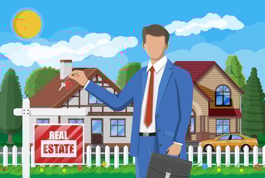 Businessman or realtor near suburban house holding key. Wooden placard with real estate sign. Mortgage, property and investment. Buy sell or rent realty. Flat vector illustration