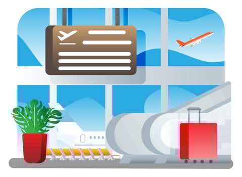 International airport concept. Modern travel bag and plant near escalator. Plane before takeoff. Terminal building interior in minimalist design. Flat style vector
