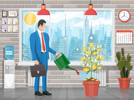 Businessman watering money coin tree with can. Growing money tree. Investment, investing. Gold coins and dollar banknotes on branches. Symbol of wealth. Business success. Flat vector illustration.