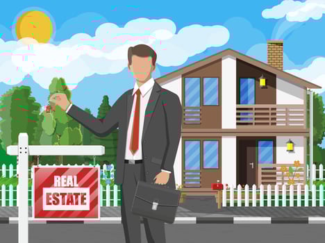 Businessman or realtor near suburban house holding key. Wooden placard with real estate sign. Mortgage, property and investment. Buy sell or rent realty. Flat vector illustration