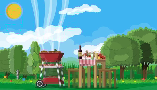 Bbq party or picnic. Table with bottle of wine, vegetables, cheese, can of beer. Electric grill with barbecue. Cooking steak, meat and sausages, grilling bbq. Vector illustration flat style