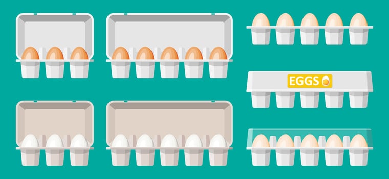 Set eggs in cardboard package isolated on green. Cartoon white and brown egg icon in tray. Dairy food and grocery. Easter mockup concept. Flat vector illustration.