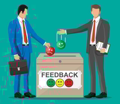 Business people and rating box. Reviews smiles faces. Testimonials, rating, feedback, survey, quality and review. Vector illustration in flat style