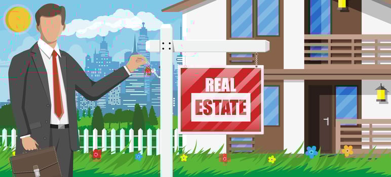 Businessman or realtor near suburban house holding key. Wooden placard with real estate sign. Mortgage, property and investment. Buy sell or rent realty. Flat vector illustration