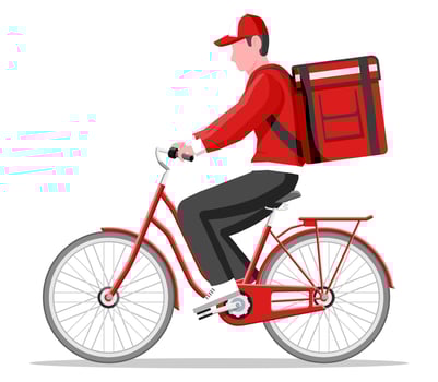 Delivery man riding bicycle with the box. Concept of fast delivery in the city. Male courier with parcel box on his back with goods and products. Cartoon flat vector illustration