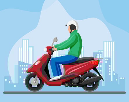 Man on motor scooter. Urban vehicle, city transportation. Guy drive modern motorbike. Cityscape with buildings and road. Cartoon flat vector illustration.