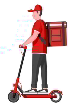 Delivery man riding kick scooter with the box. Concept of fast delivery in the city. Male courier with parcel box on his back with goods and products. Cartoon flat vector illustration