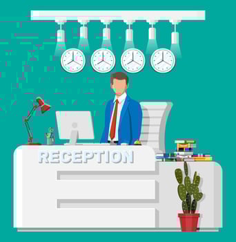 Modern reception interior. Hotel, hospital clinic or business office reception desk. Lobby or waiting room inside. Receptionist workplace. Computer, lamp, clock, chair, plant. Flat vector illustration