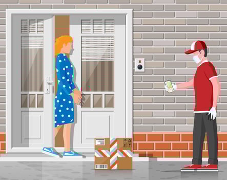 Courier in medical mask and gloves delivers orders. Contactless delivery concept. Delivery man and box of goods with safe distance to protect form covid-19 or coronavirus. Flat vector illustration
