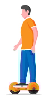Young male character on self-balancing two wheeled battery-powered electric scooter. Man riding on hoverboard. Eco city transport. Ecological, convenient urban transportation. Flat vector illustration