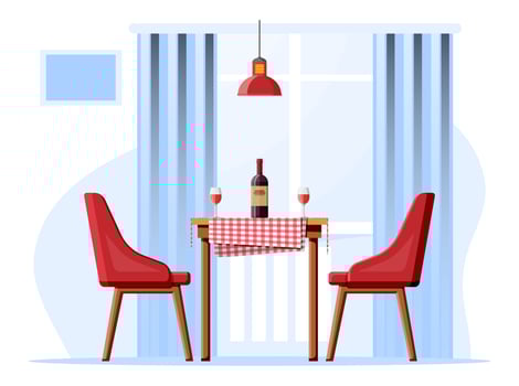 Interior of house dining room, table with chairs and lamp. Restaurant or cafe, bottle of wine and glasses. Romantic date concept. Furniture isolated on white. Cartoon flat vector illustration.