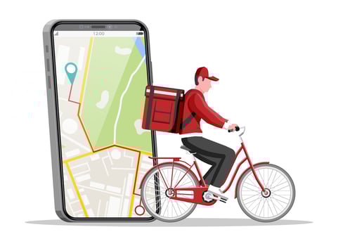 Smartphone with app and man riding bicycle with the box. Concept of fast delivery in the city. Male courier with parcel box on his back with goods and products. Cartoon flat vector illustration