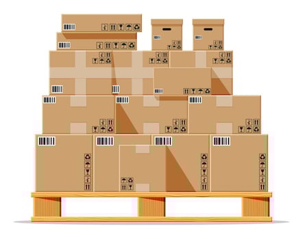 Cardboard boxes pile on wooden pallet isolated on white. Carton delivery packaging closed, sealed, cubic, big and small box with fragile signs. Vector illustration in flat style