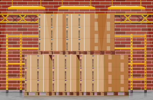 Warehouse interior with goods and container package boxes. Pile cardboard boxes set. Carton delivery packaging open and closed box with fragile signs. Vector illustration in flat style
