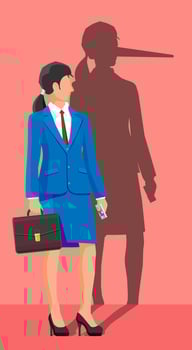 Businesswoman with long nose shadow on wall. Liar, lying people in business. Cheat, fraud, scam, hoax and crime. Vector illustration in flat style