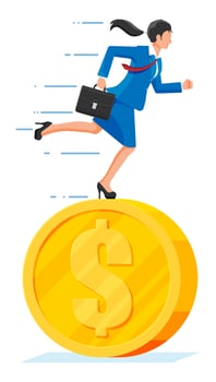 Businesswoman is running on dollar coin. Annual revenue, financial investment, savings, bank deposit, future income, money benefit. Time is money. Flat vector illustration