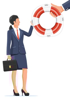 Desperate businesswoman getting lifebuoy. Helping business to survive. Help, support, survival, investment, obstacle crisis. Risk management. Flat vector illustration